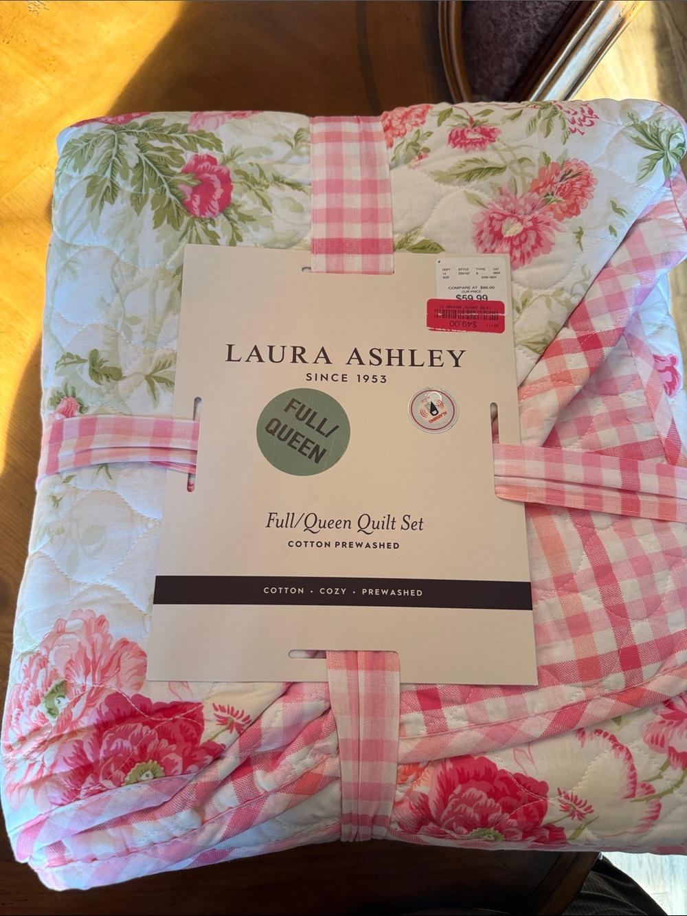 Laura Ashley Pink Floral and Green Leaf Full/Queen Quilt Set
